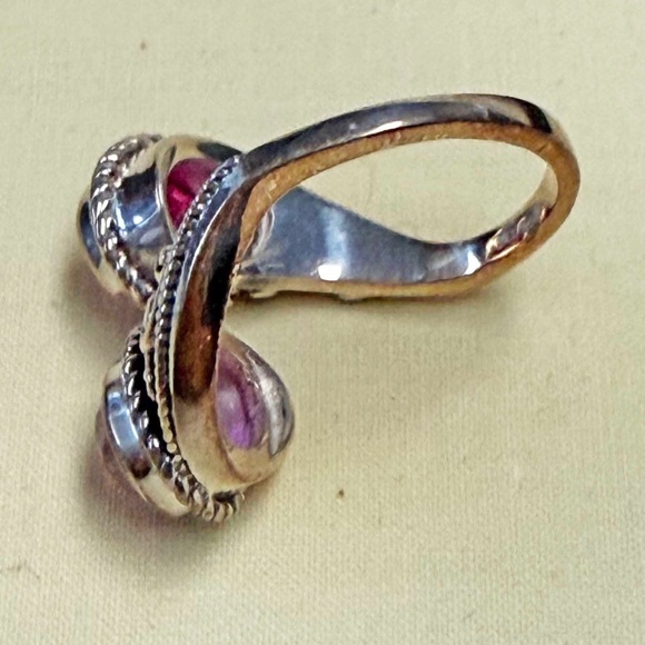 STERLING SILVER RING, ORCHID QUARTZ BYPASS 2 STONES, SIZE 8, FACETTED & FILIGREE - Picture 9 of 10